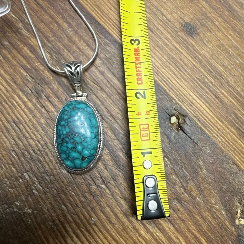 Sterling Silver Spiderweb Turquoise Pendant Large Oval Blue Stone Statement 12.6